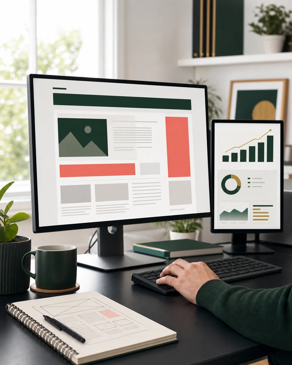 A content publishing workspace with website layouts and monetization analytics